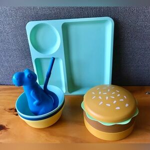 Fun Breakfast Lunch Dinner Plates Bowl Hamburger Bento Box Dino Sipper Straw Cup